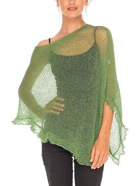 Women’s Green Sheer Knit Poncho Shrug Lightweight Asymmetrical Ruffle Wraps